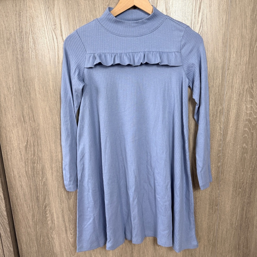 Hanna Andersson Ribbed Ruffle A-Line Dress Girls 12 Blue Mock Neck Long Sleeve